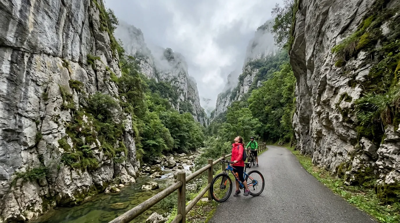 Ciclista en el desfiladero de la Senda del Oso entre acantilados de caliza