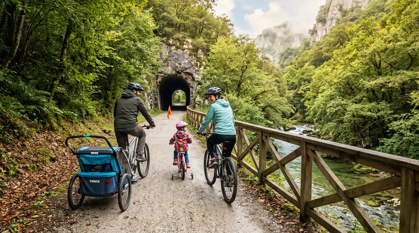 Familia ciclando junto al río en la Senda del Oso