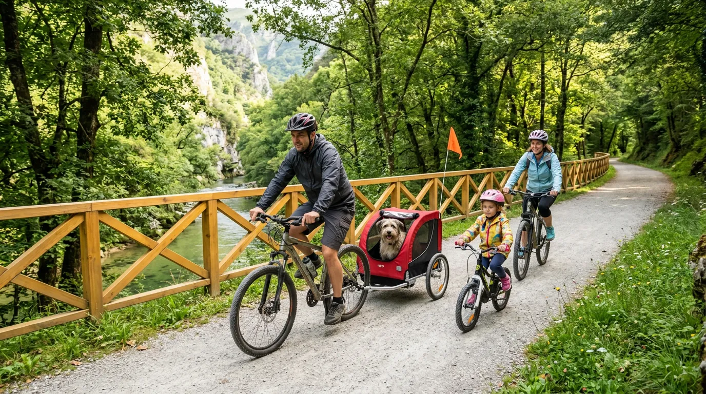 Familia con perro en remolque ciclando por la Senda del Oso