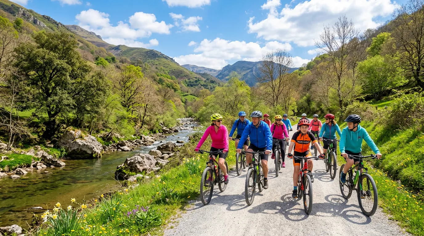 Grupo de ciclistas en un día soleado en la Senda del Oso